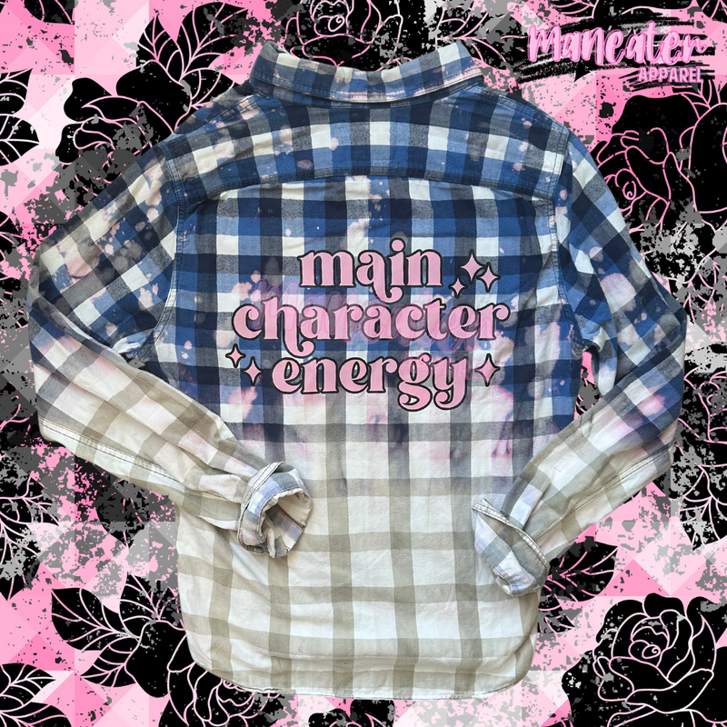 main character energy unisex bleached flannel ONE OF A KIND UPCYCLED