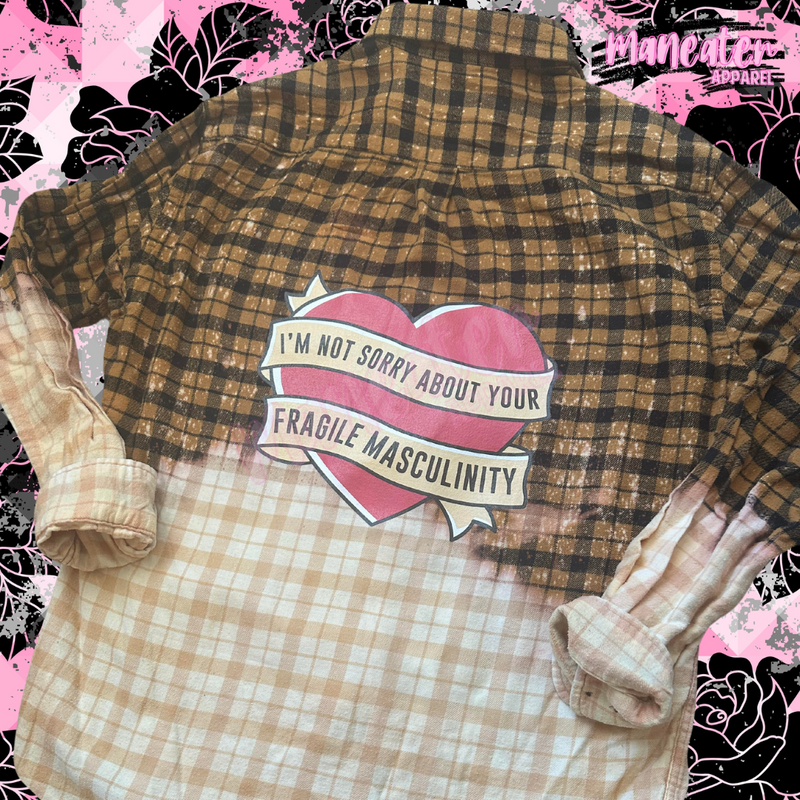 i'm not sorry about your fragile masculinity heart unisex bleached flannel ONE OF A KIND UPCYCLED