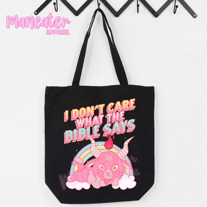 i don't care what the bible says tote bag