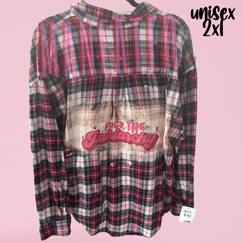 size 2xl unisex upcycled bleached flannel fuck the patriarchy hearts