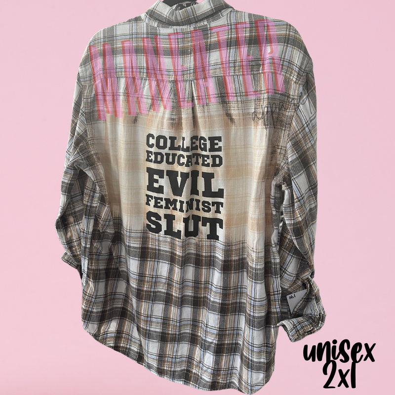 size 2xl unisex upcycled bleached flannel college educated evil feminist slut
